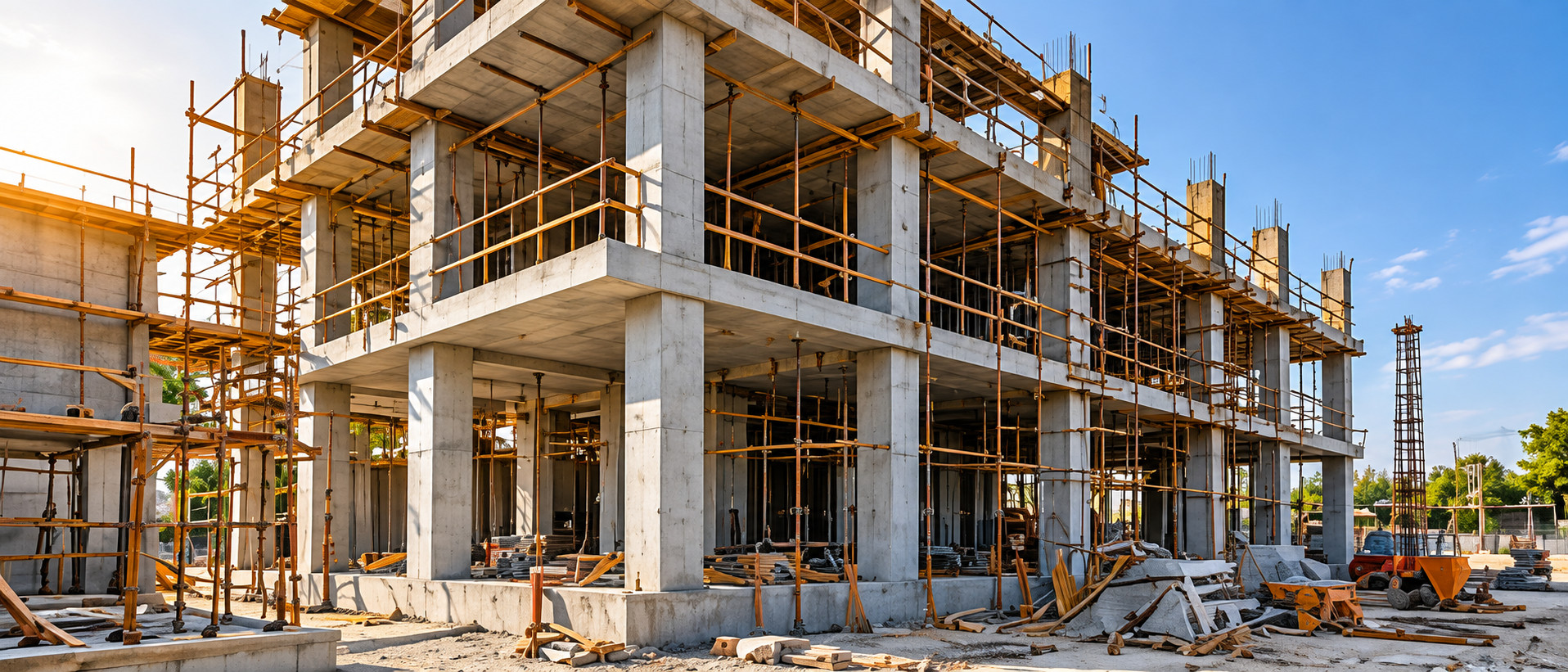 Concrete building structure under construction with scaffolding